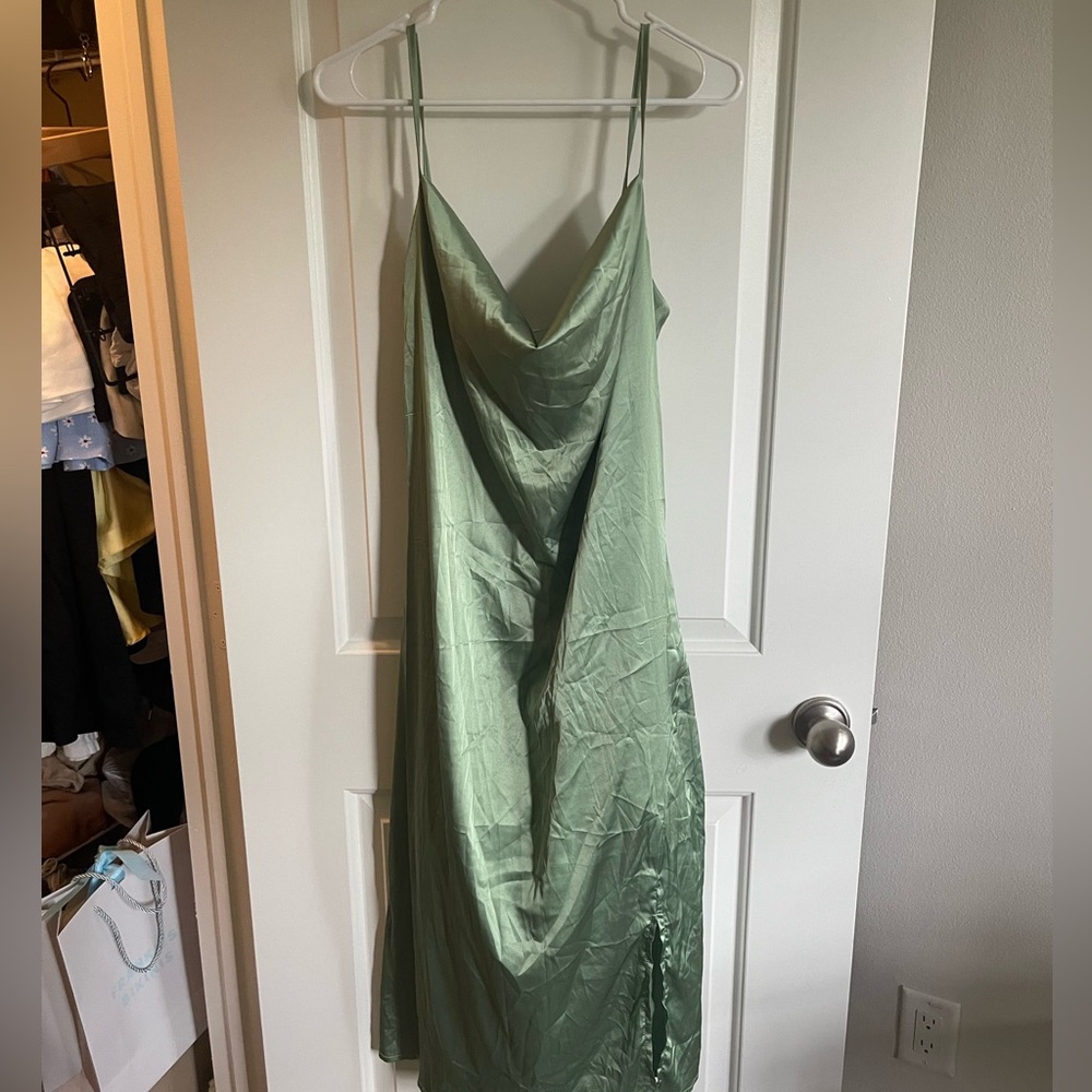 Zara green slip dress with cowl neck and small slit